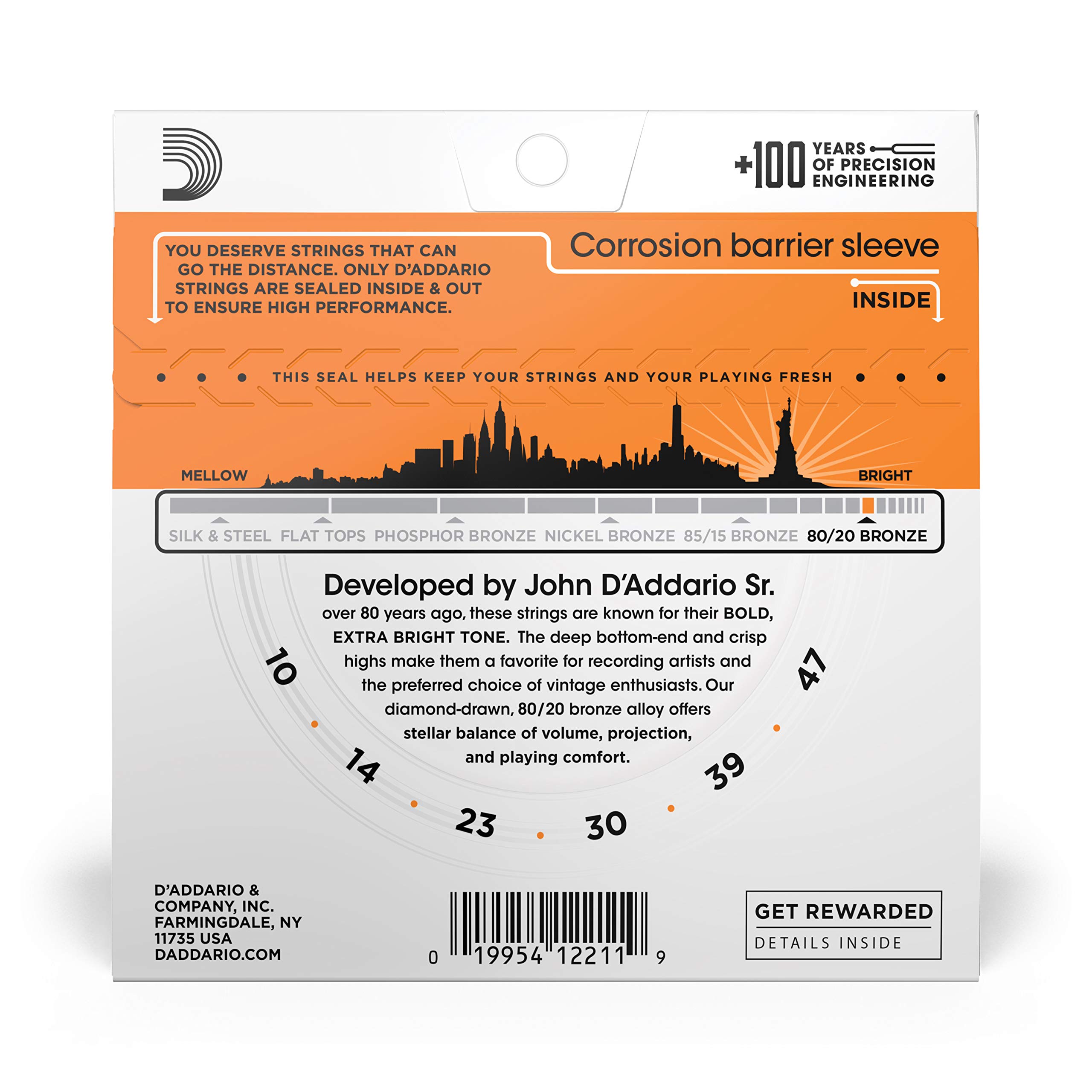 D'Addario EJ10 Bronze Acoustic Guitar Strings - Extra Light 10-47 Gauge (5-Pack) | Bright Tone & Long-Lasting | Perfect for Beginners, Fingerstyle & Studio Recording