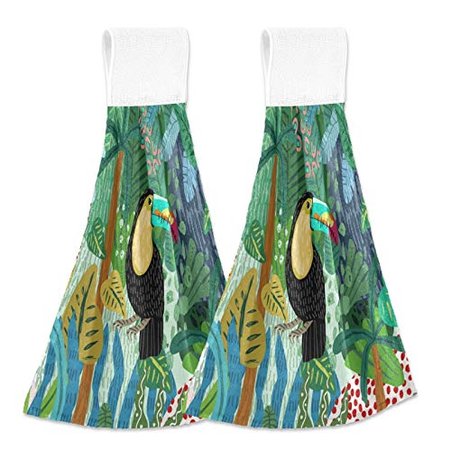 Jungle Bird Hanging Kitchen Towels Set of 2 - Sloth, Snake, Parrot & Toucan Print Absorbent Dish Cloths with Loops for Oven, Stove, Bathroom & Home Decor | Cute Hand Towels for Kitchen, RV, Camping & Gift Giving