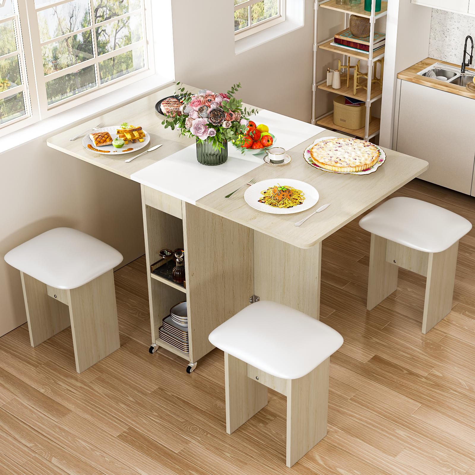 Space Saving Folding Dining Table Set for 4 with 4 Leather Chairs & Storage Shelves | Foldable Kitchen Table with 6 Wheels for Small Apartments | Perfect for Compact Homes, Studio Apartments & Tiny Houses (Beige)