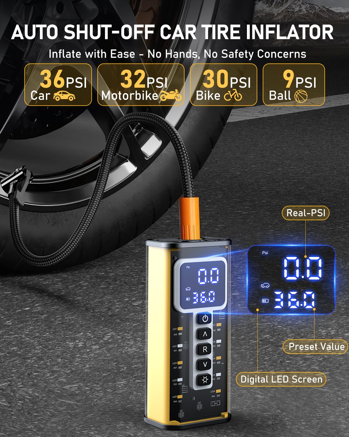 Portable Tire Inflator Air Compressor with 20000mAh Battery - Digital Pressure Gauge, Auto Shut-Off - Fast Inflation for Car, Bike, Motorcycle Tires & Sports Balls - Perfect for Road Trips, Emergency Use & Home Garage