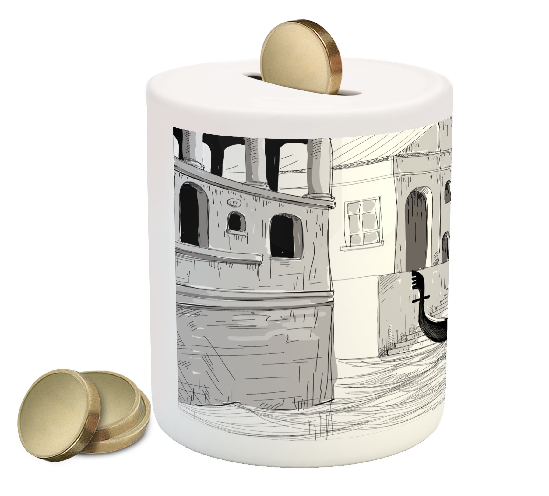 Ambesonne Venice Ceramic Piggy Bank - Black & White Gondolier Sketch Design, 3.6