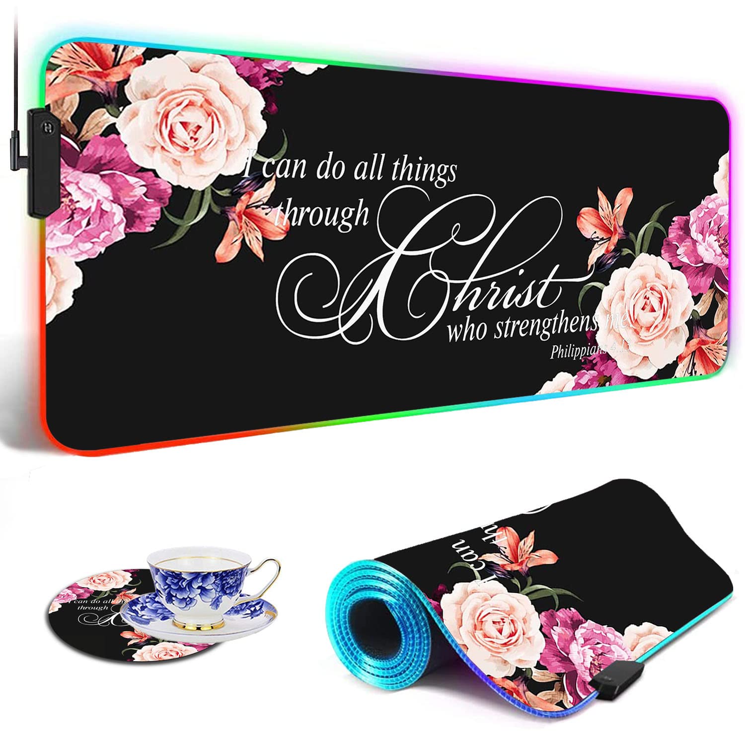 RGB Gaming Mouse Pad with LED Lights - Large Non-Slip Desk Mat for Keyboard & Mouse | Waterproof Optical Surface | Perfect for PC Gaming Setup | Features Philippians 4:13 Bible Verse & Peony Flower Design