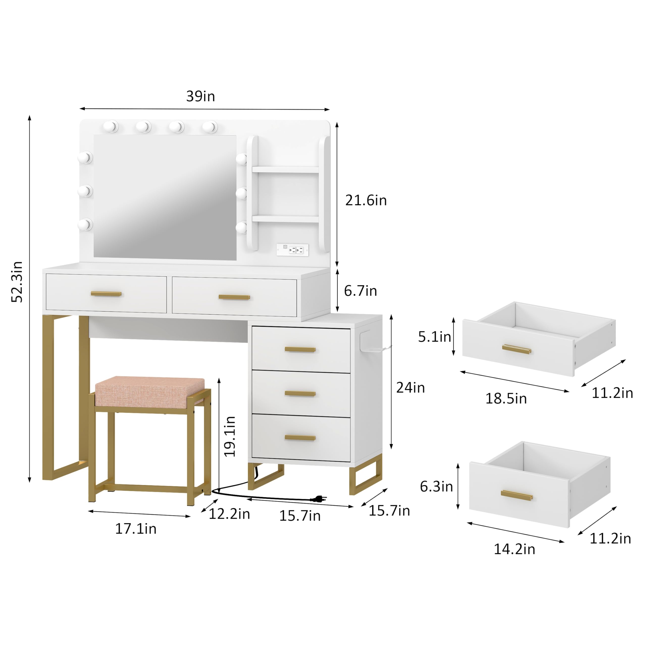 White Makeup Vanity Desk with LED Lights & Mirror - 3 Color Modes, 5 Drawers, Power Outlet & Chair Set - Perfect for Bedroom, Dressing Room & Beauty Salon