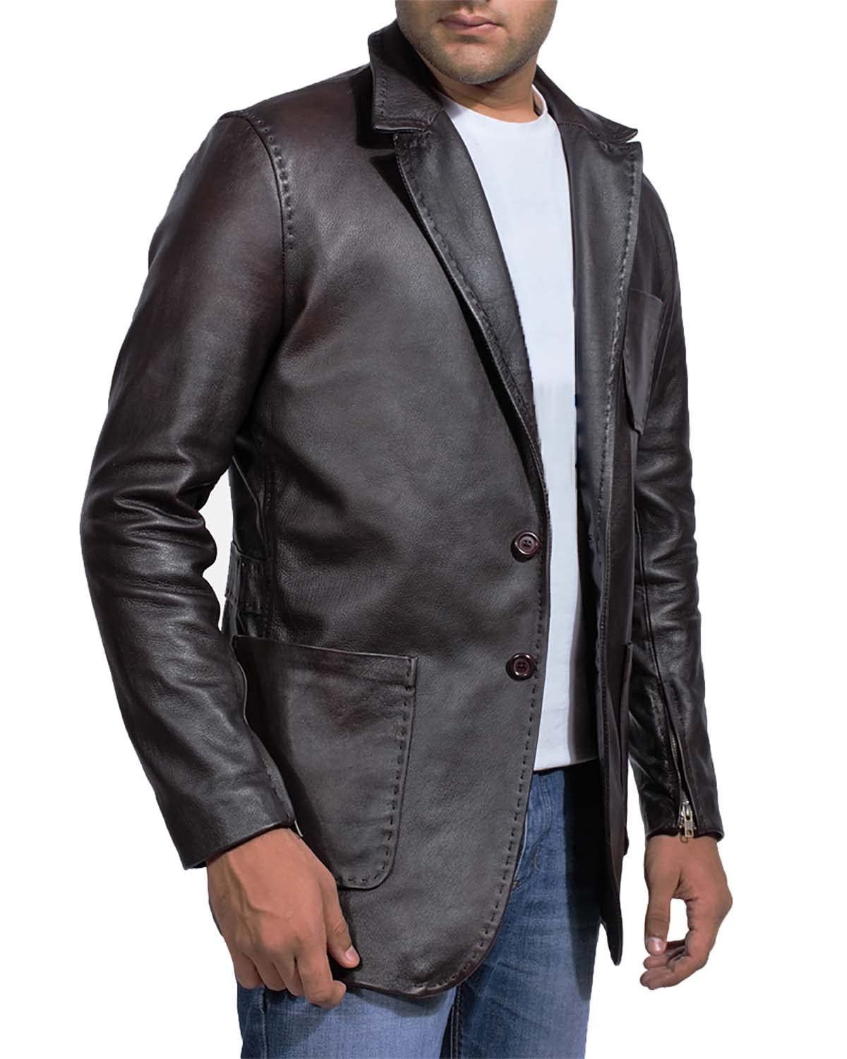 Premium Men's Black Leather Blazer with Wine Button Down & Notch Collar - The Jacket Maker | Stylish Formal Wear for Business, Weddings & Evening Events
