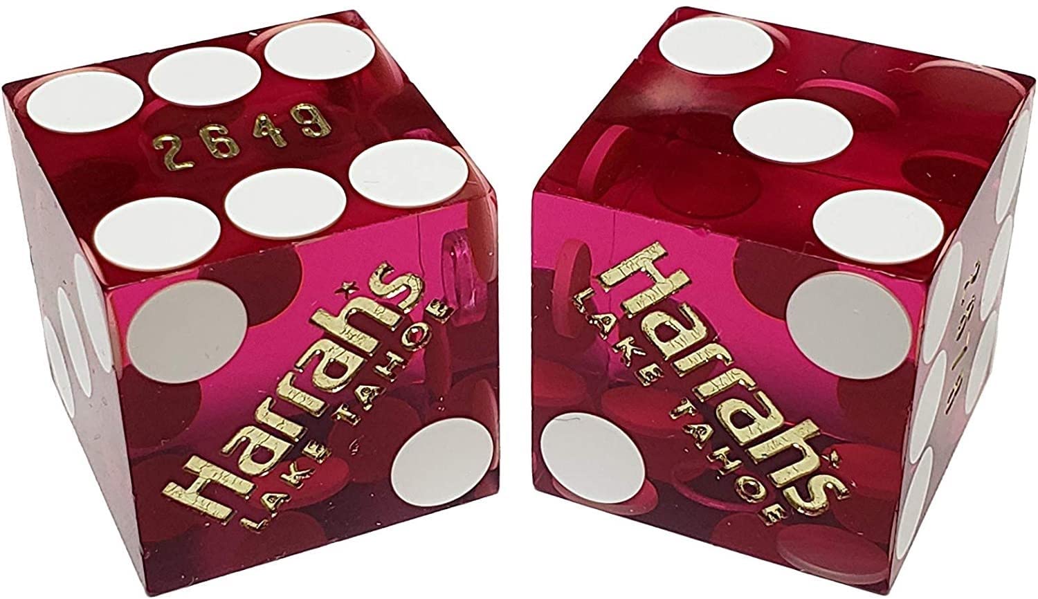 Authentic Harrah's Lake Tahoe Casino Dice Set - Purple Polished Dice with Pouch & 36