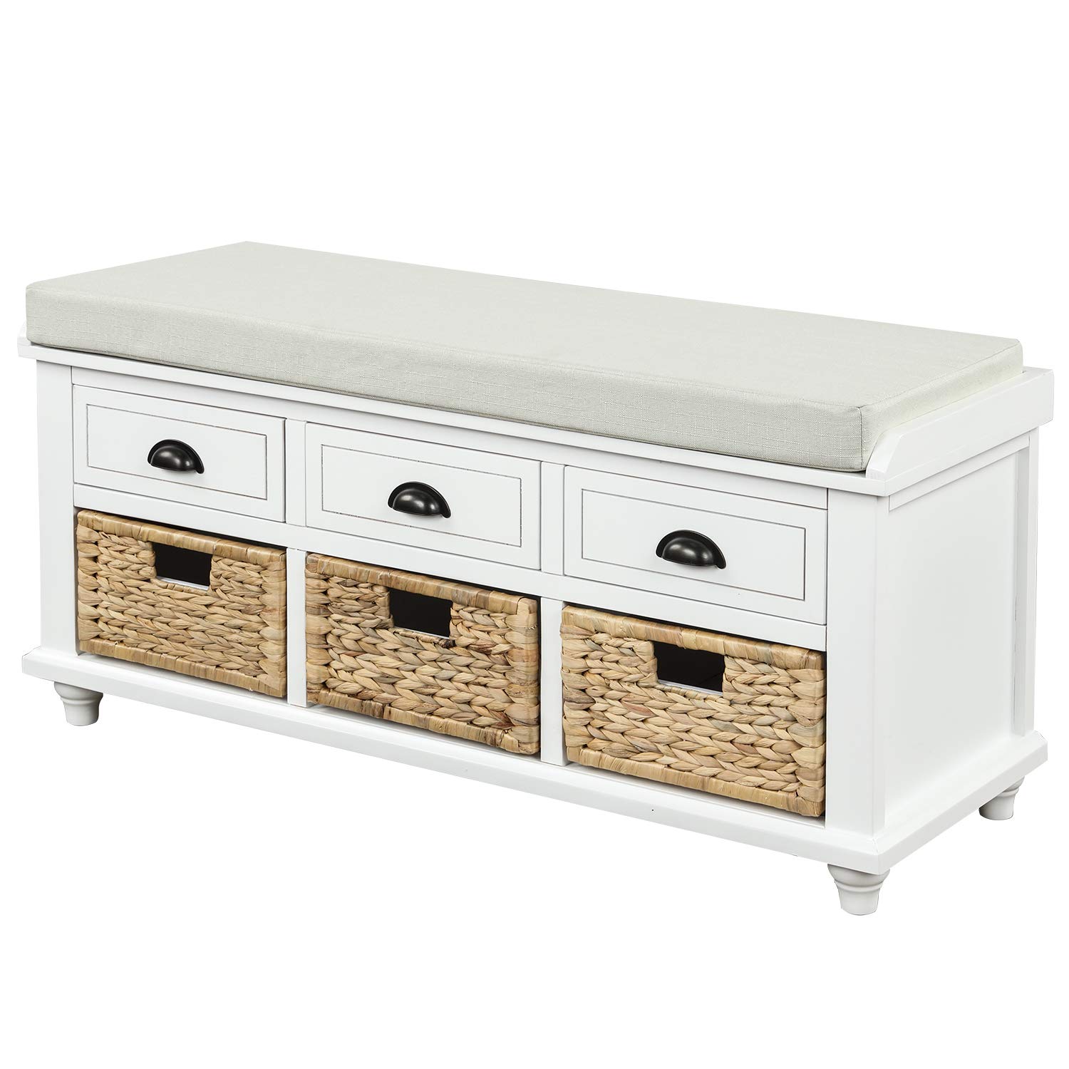 SOFTSEA 3-Drawer Storage Bench with Rattan Baskets & Removable Cushion - Entryway Shoe Bench, Bedside Storage Ottoman, Living Room Organizer - Fully Assembled White Cube Bench for Home Decor