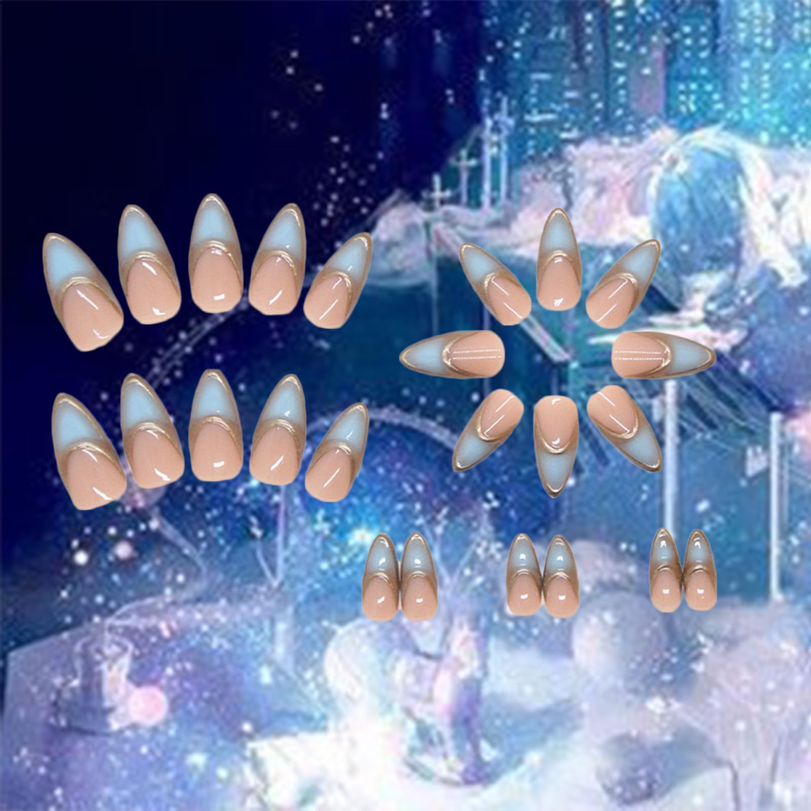 Blue Gradient French Tip Press on Nails - 24PCS 3D Gold Curve Design Ombre Acrylic Fake Nails Medium Almond Shape with Glossy Finish - Easy Glue on False Nails for Women & Girls - Perfect for Parties, Weddings, Date Nights and Special Occasions