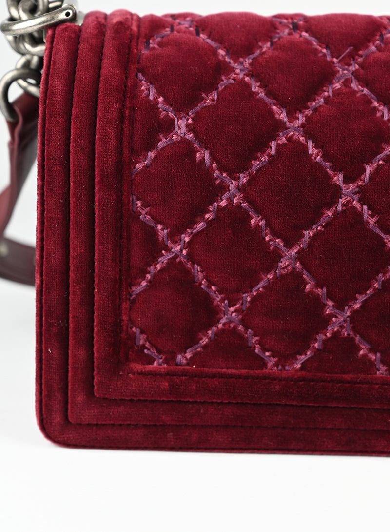 Chanel Burgundy Velvet Boy Bag - Luxury Quilted Shoulder Bag for Women | Perfect for Evening Parties, Weddings & Special Occasions