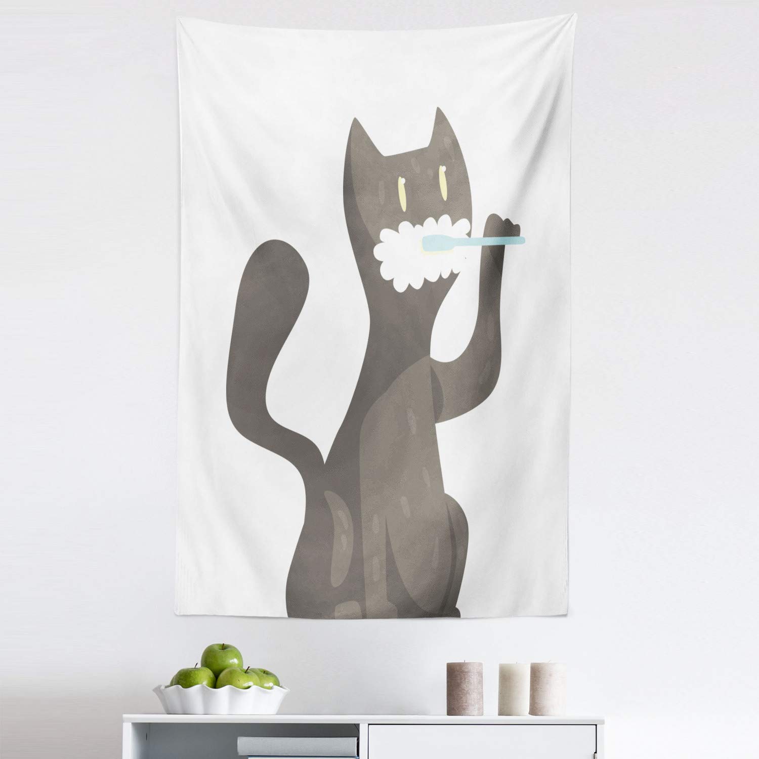 Ambesonne King Size Cat Tapestry - Pet Teeth Brushing Illustration Animal Grooming Wall Hanging, Bedspread & Wall Decor (30