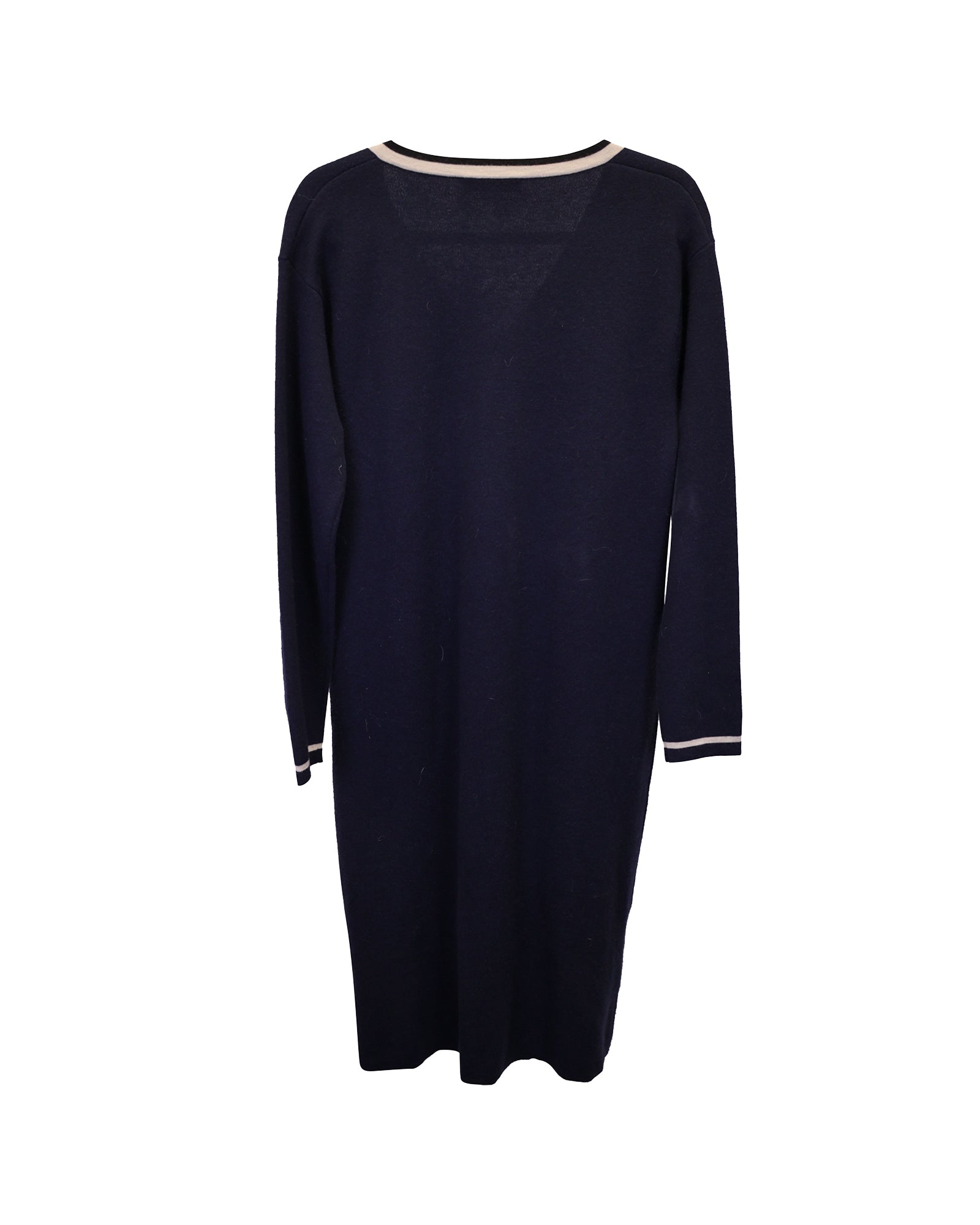 Max Mara Navy Blue Wool Striped V-Neck Midi Dress for Women | Elegant Office Wear & Casual Outings