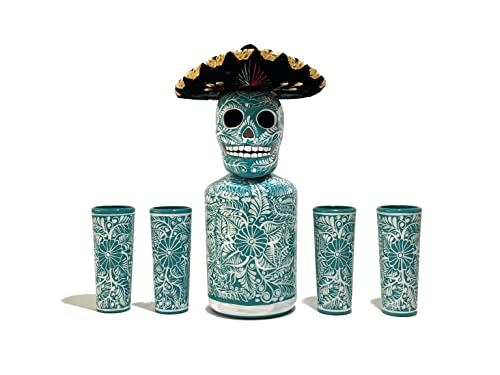 Custom Hand-Painted Whiskey Decanter Set with 4 Shot Glasses - Personalized Tequila Gift Set (Turquoise Charro Design) for Home Bar, Wedding Gifts & Bourbon Lovers