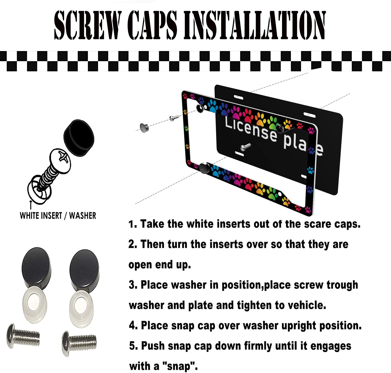2PC Rainbow Paws License Plate Frames - Printed Car Plates with 4 Holes & Screws for Animal Lovers - Perfect for Pet Owners, Car Enthusiasts & Gift Giving