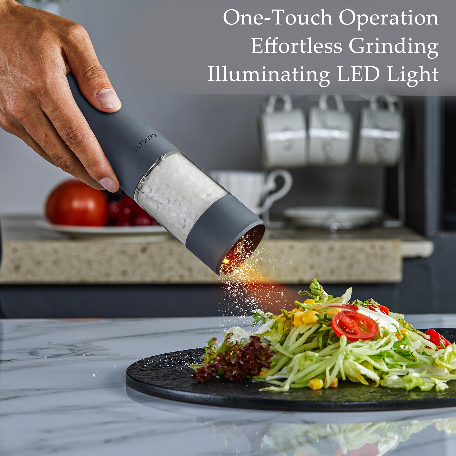 Electric Salt and Pepper Grinder Set - USB Rechargeable Automatic Spice Mill with Adjustable Coarseness & LED Light - Refillable Kitchen Gadget for Home Cooking (1-Pack, Blue-Grey) - Perfect for Seasoning Steaks, Salads & Gourmet Dishes