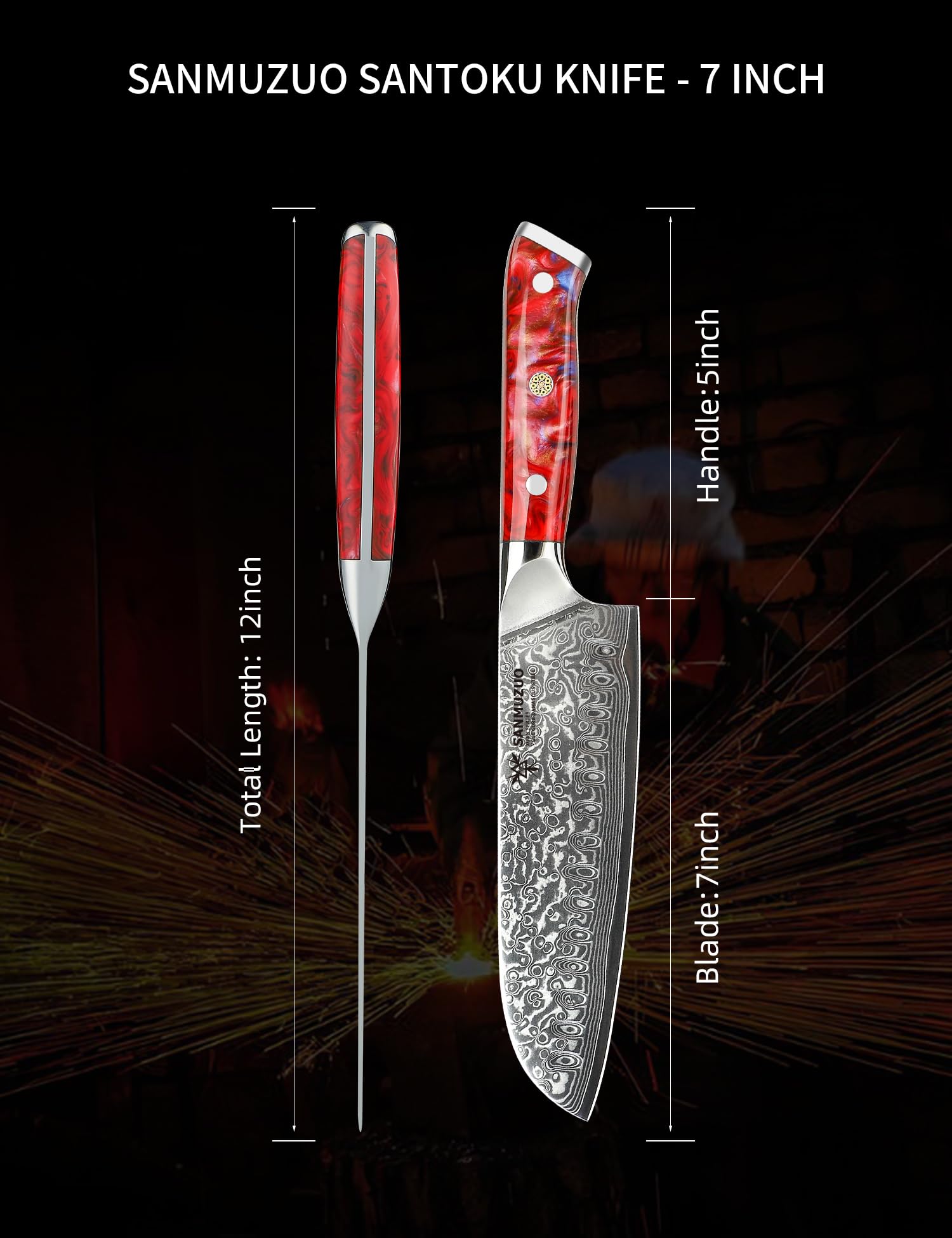7 Inch Santoku Knife - VG10 Damascus Steel Japanese Kitchen Knife with Resin Handle (Sunset Red) - Xuan Series - Perfect for Slicing, Dicing & Chopping Vegetables, Meat & Fish
