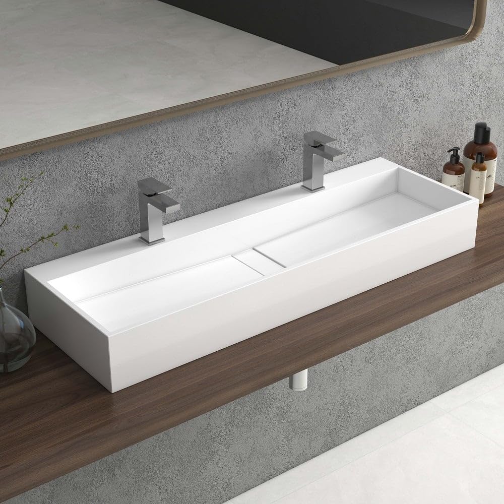 47 Inch Glossy White Wall-Mount Double Sink Stone Resin Trough Bathroom Vanity with 2 Faucet Holes - Perfect for Modern Farmhouse, RV & Tiny House Bathrooms