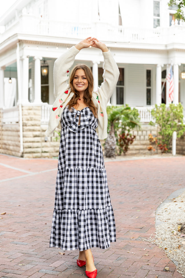 Black and White Gingham Tie Front Maxi Dress - Women's Summer Flowy Long Dress with Side Slits | Perfect for Beach Vacations, Date Nights & Outdoor Parties