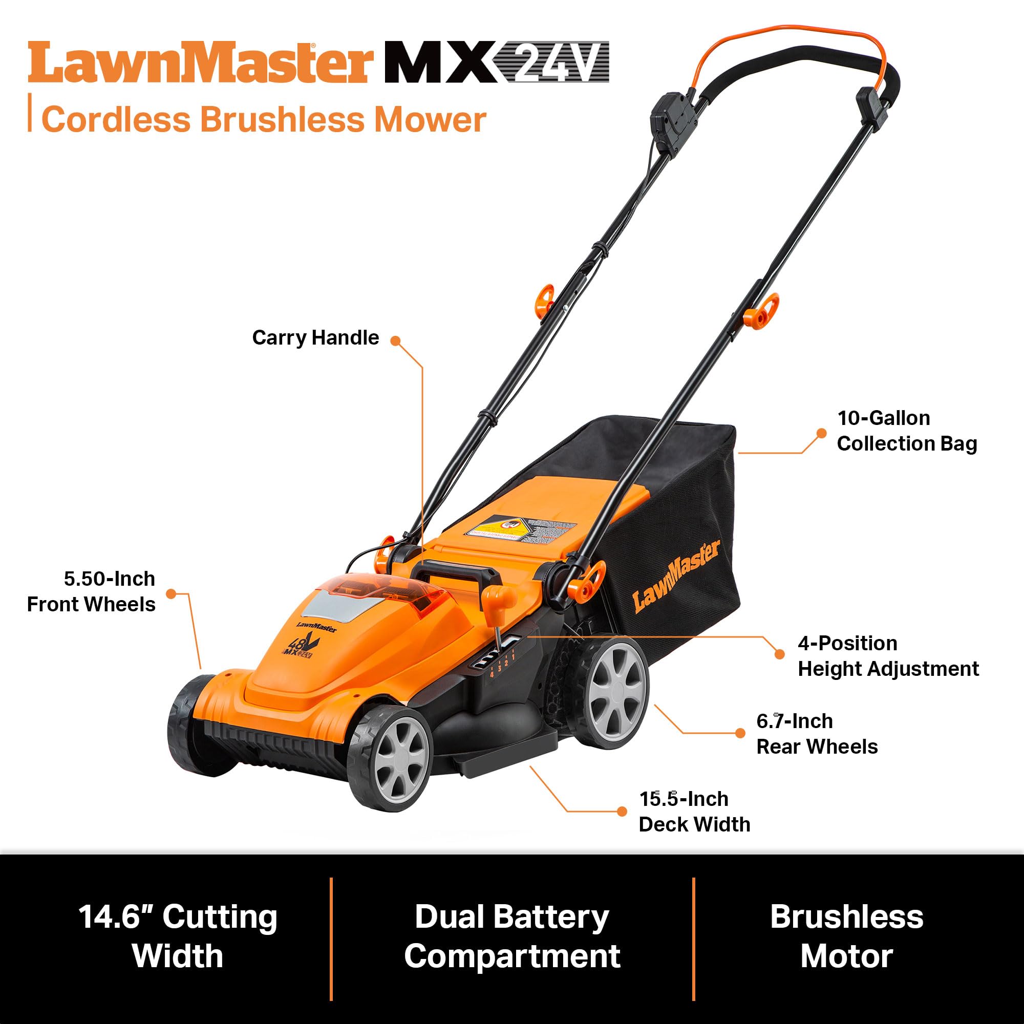 LawnMaster CLMF4815E 48V MAX* 15-Inch Brushless Cordless Lawn Mower with 2X24V MAX* 4.0Ah Batteries & Dual Charger - Perfect for Small to Medium Yards, Quiet & Eco-Friendly Mowing