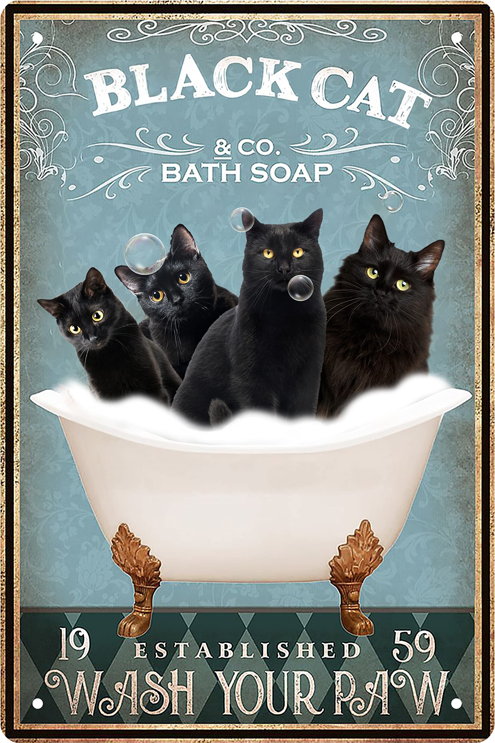 Vintage Black Cat Metal Tin Sign - 8x12 Inch Retro Wall Art for Bathroom, Bathtub, Farmhouse & Bar Decor - Perfect Gift for Cat Lovers - Funny Home Accessories (Ideal for Kitchen, Living Room & Office)