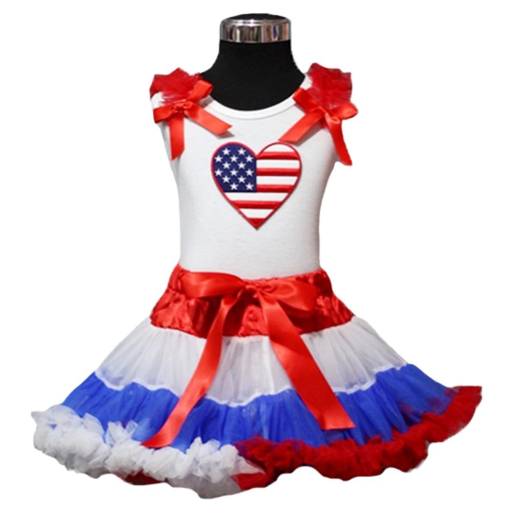 4th of July Patriotic Outfit for Girls - Red Bow White Pettitop & Red White Blue Skirt Set (Ages 1-8 Years) | Independence Day Celebration, National Holiday Costume, Kids' Festive Attire