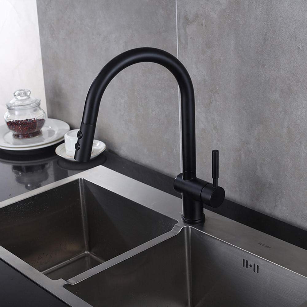 Black Pull Down Kitchen Faucet with Dual Function Sprayer - Brass Telescopic Sink Faucet for Hot & Cold Water - Perfect for Modern Kitchens & Bar Sinks