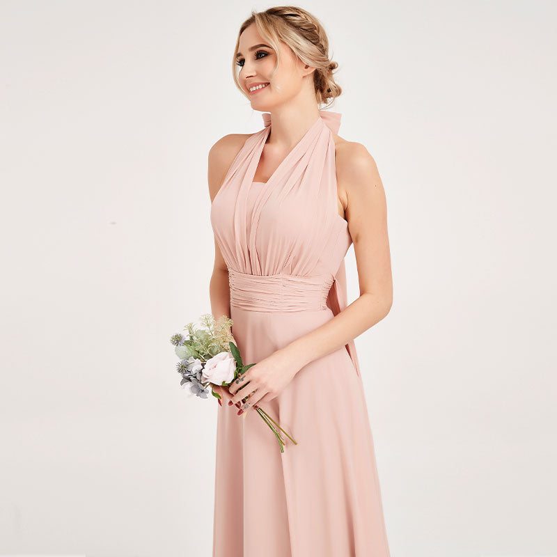 Elegant Convertible Chiffon Bridesmaid Dress - Wrap Style Dusty Pink Maxi Gown for Weddings, Parties & Formal Events