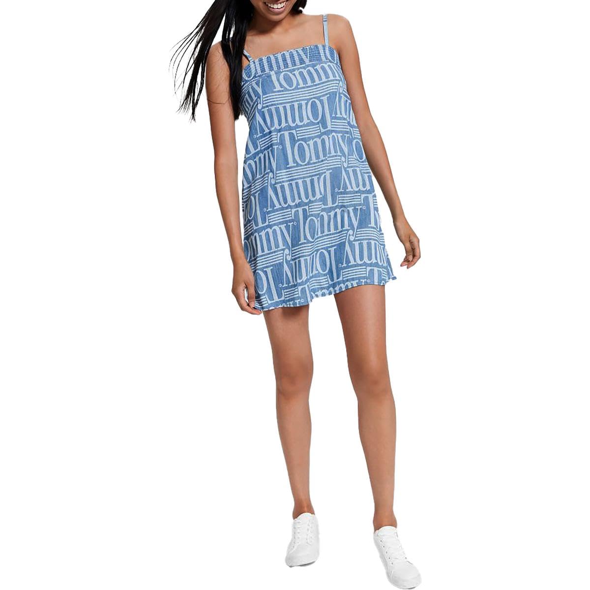 Tommy Jeans Women's Light Blue Chambray Dress with Laser Logo - Casual Summer Dress for Outings, Dates, and Office Wear