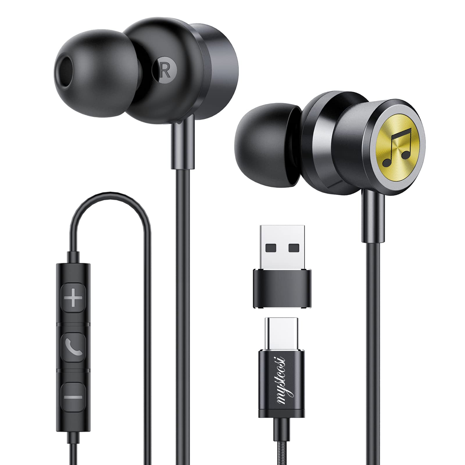 USB-C Wired Headphones with Microphone - Noise Cancelling Magnetic Earbuds for Laptop, PC, iPad Pro, MacBook & Samsung - Perfect for Work, Gaming & Online Meetings (Black)