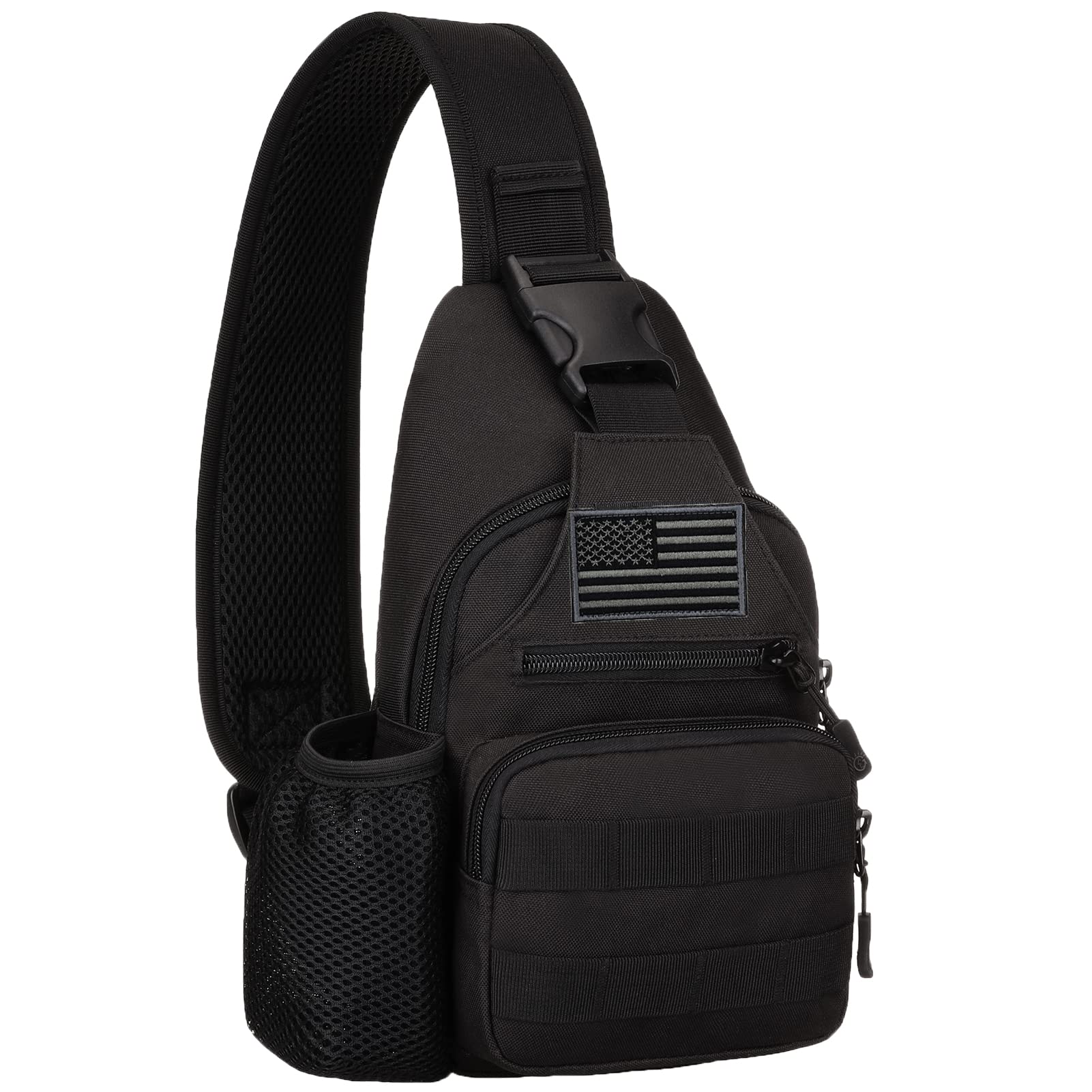 ZHIERNA Tactical Sling Backpack Crossbody Bag with MOLLE System, USB Charging Port & Water Bottle Holder - Military EDC Shoulder Chest Pack for Hiking, Travel, Outdoor Adventures (Black)