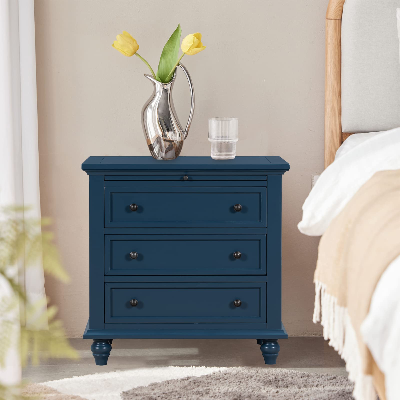 3-Drawer Wood Storage Cabinet with Pull-Out Tray - Blue Nightstand, End Table & Bedside Drawer Chest for Bedroom & Living Room - Perfect for Organizing Jewelry, Books & Bedroom Essentials - Easy Assembly Furniture