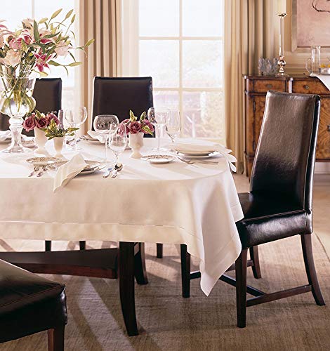 Fennco Styles Classic Handmade Hemstitch Border Linen Blend 65x120 Inch Ecru Tablecloth - Perfect for Dining Table, Banquet, Wedding, Family Dinner & Holiday Gatherings