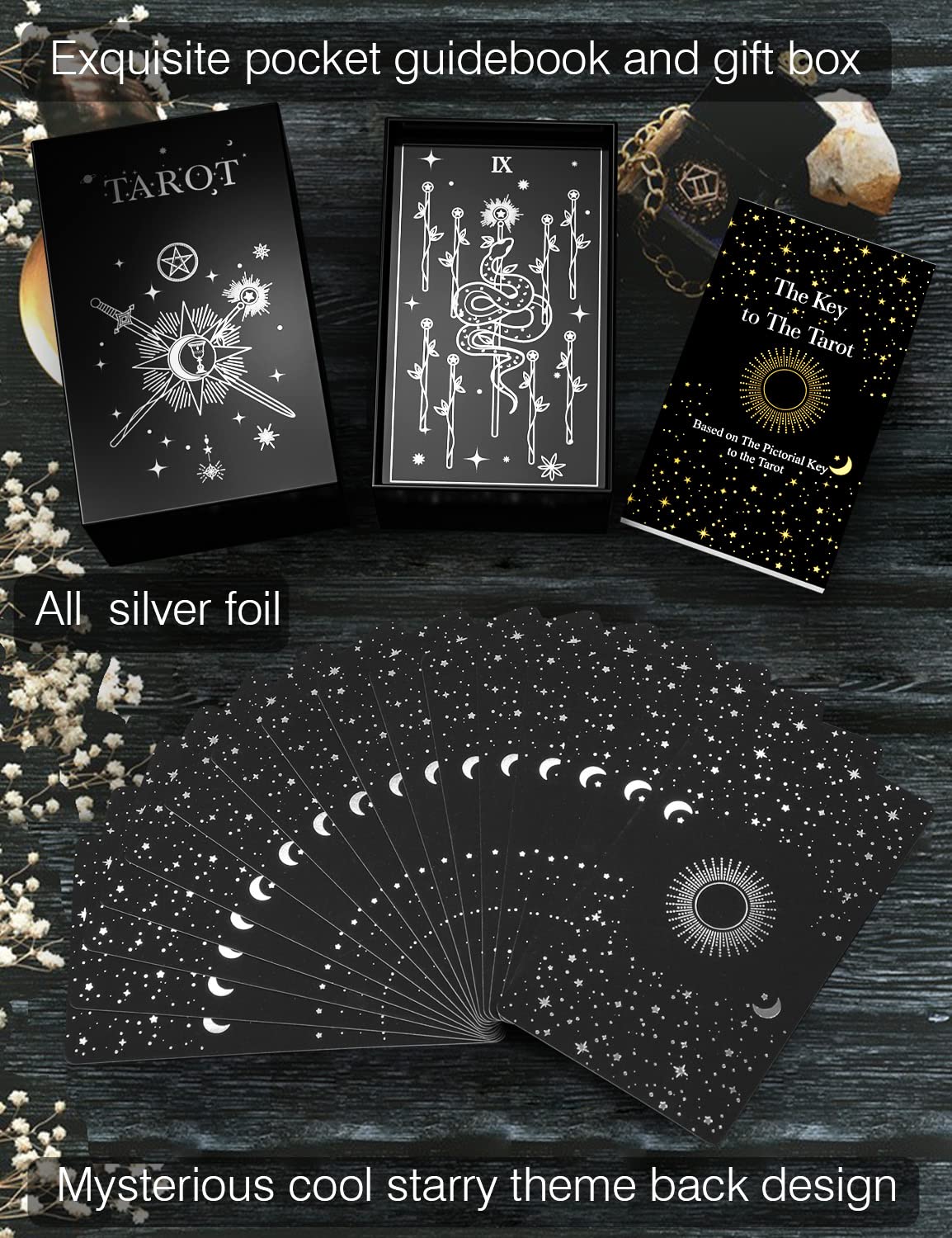 WJPC Silver Foil Tarot Cards Set with Guide Book & Gift Box - Premium Original Design Tarot Deck for Beginners & Experts | Perfect for Divination, Meditation & Spiritual Guidance