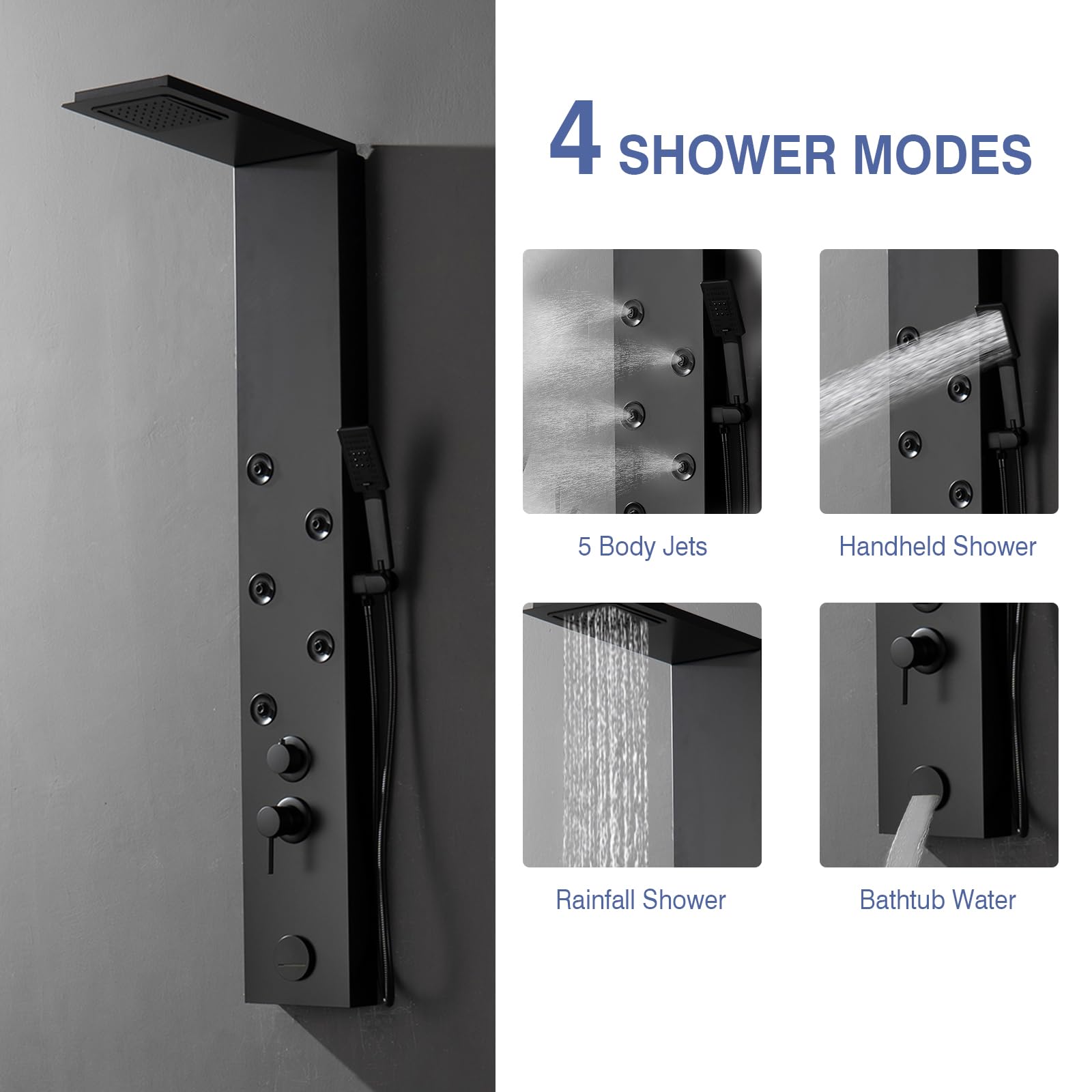 BWE 5-in-1 Stainless Steel Shower Panel System with Rainfall Shower Head, 5 Body Jets, Handheld Shower & Tub Spout - Wall Mount Black Shower Tower for Luxurious Bathroom Upgrade | Perfect for Spa-Like Experience in Master Bath or Modern Home Renovation