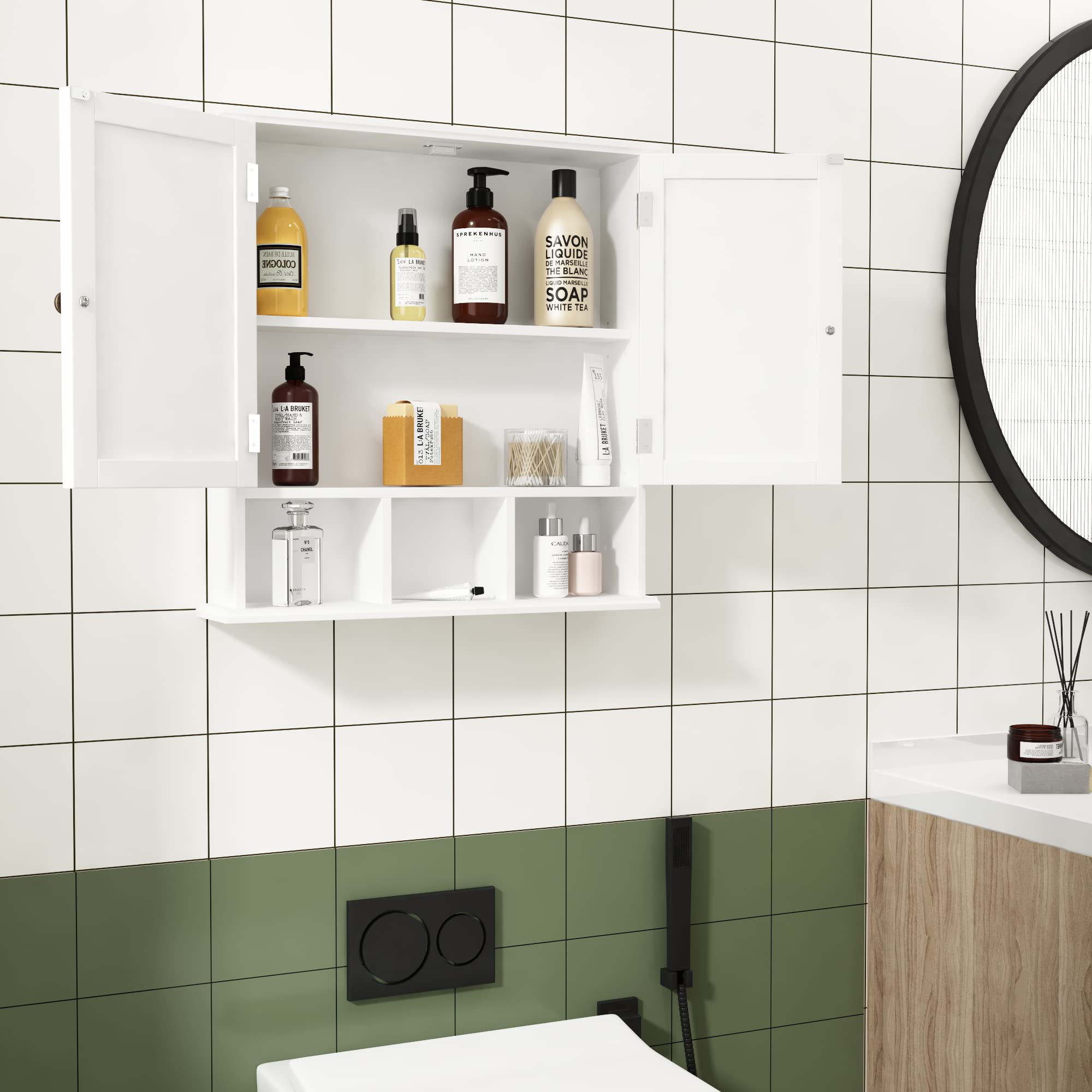 ChooChoo Wall Mounted Bathroom Cabinet - 2-Door Wooden Medicine Storage with 3 Open Shelves & Adjustable Shelf, Space-Saving Over-The-Toilet Organizer for Bathroom & Living Room (White) - Perfect for Small Spaces & Home Organization