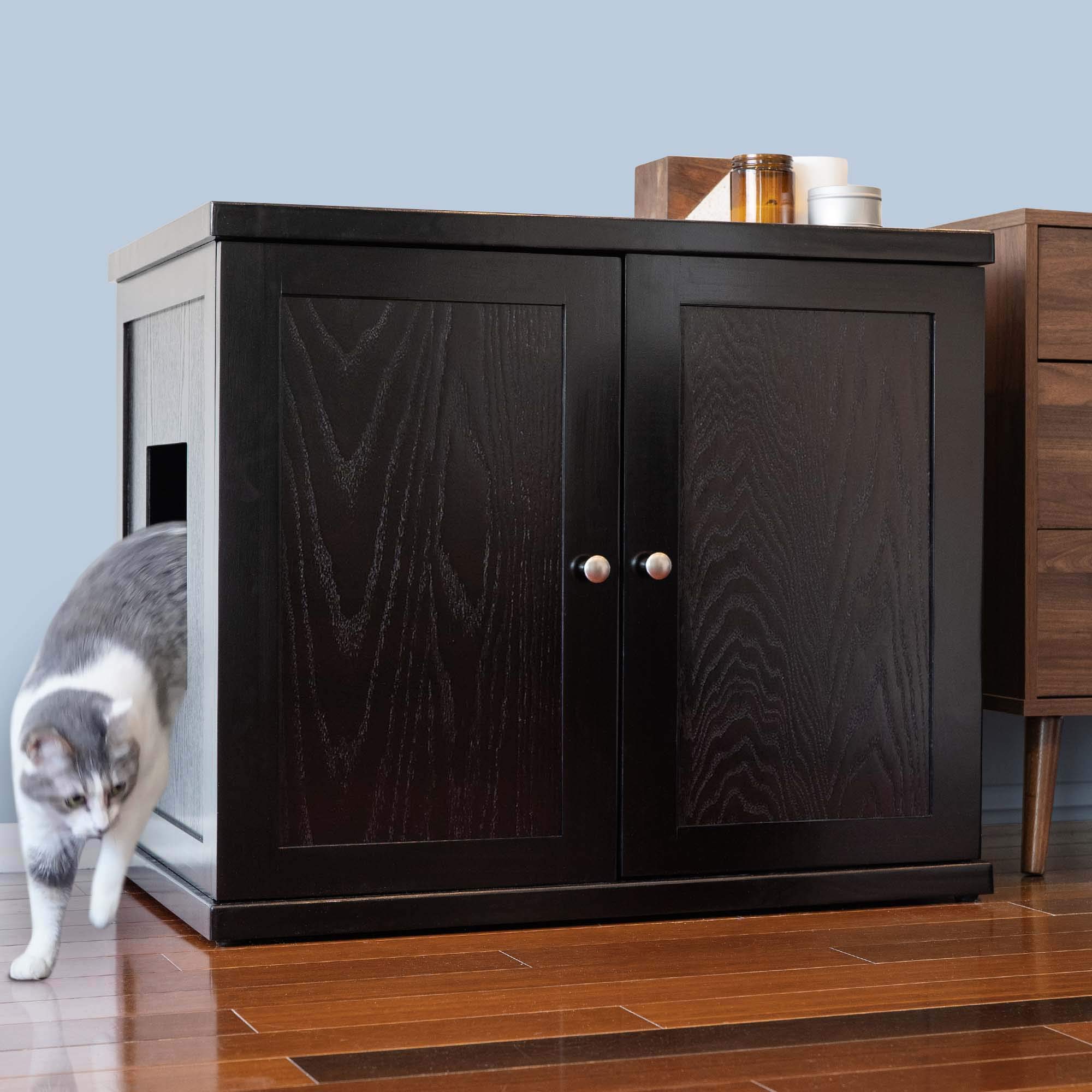 Premium Cat Litter Box Enclosure Cabinet - Modern Black Espresso Hidden Litter Box Furniture with Adjustable Levelers & Storage Drawer - XL Size for Large Cats - Perfect for Home, Apartment & Pet-Friendly Spaces