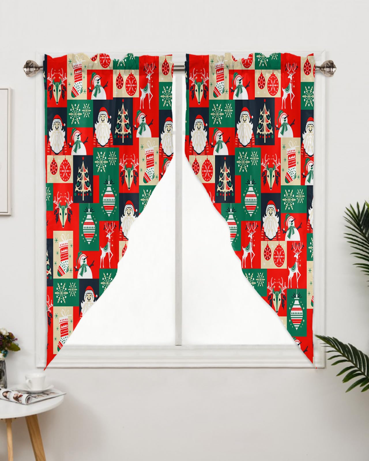 QueenKer Christmas Swag Valance Curtains - Patchwork Snowman Design Rod Pocket Window Topper for Living Room, Kitchen & Bathroom (72