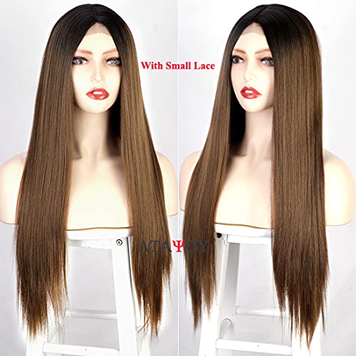 Long Straight Ombre Brown Wig with Middle Part - Natural Looking Synthetic Hair for Daily Wear & Cosplay