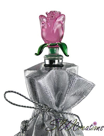 Elegant Pink Rose Glass Wine Bottle Stopper - Airtight Seal for Wine Preservation - Perfect for Parties, Weddings & Home Bars