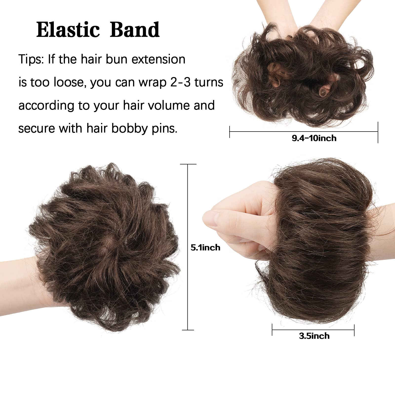 FESHFEN 100% Human Hair Messy Bun - Real Hair Scrunchies, Ponytail Extensions, Wavy Tousled Updo Chignon Hairpieces for Women (Medium Chestnut Brown) - Perfect for Weddings, Parties & Everyday Styling