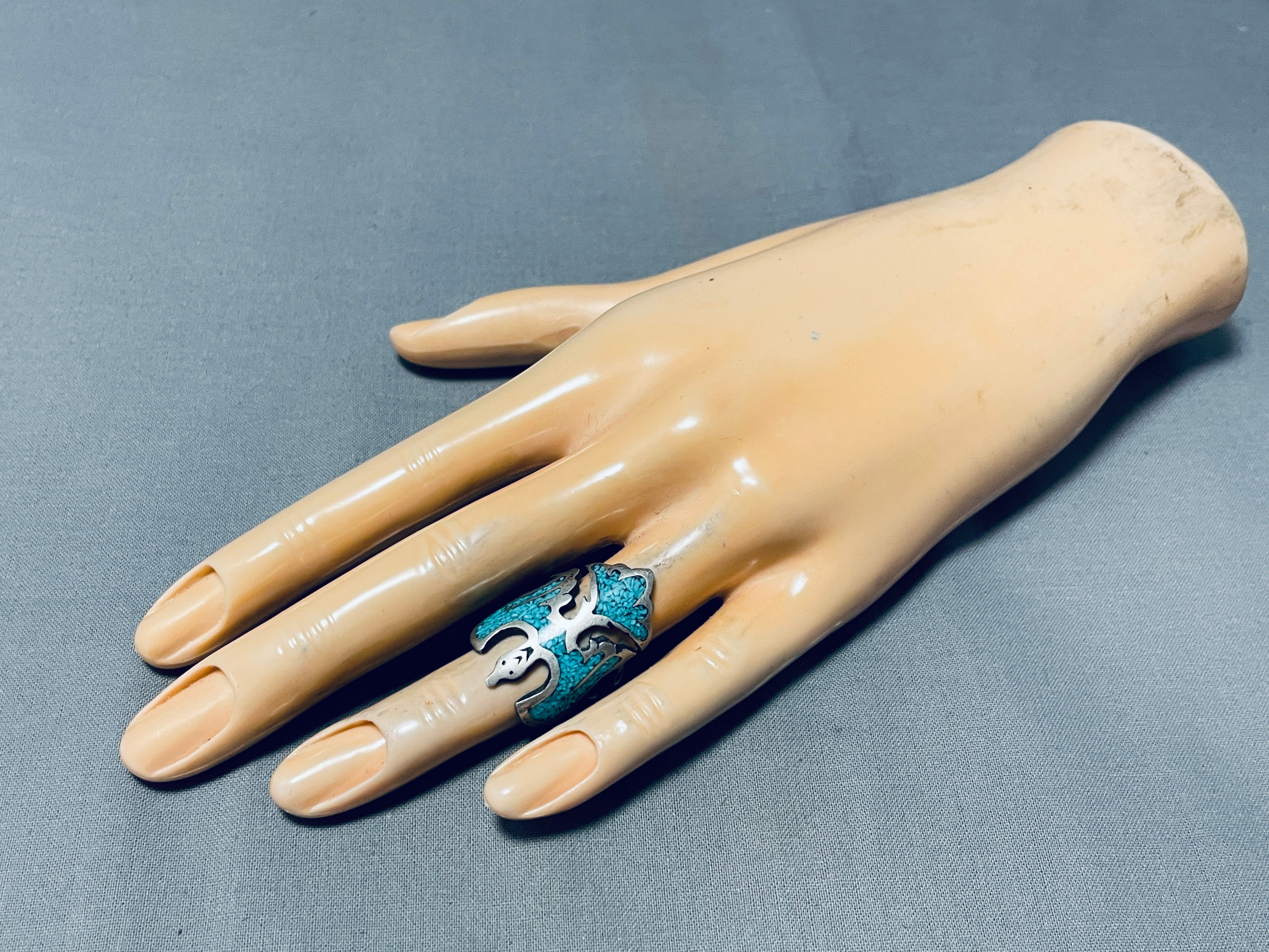 Vintage Native American Navajo Turquoise Sterling Silver Waterbird Ring - Handmade Southwest Jewelry for Women, Perfect for Boho Style & Gift Giving