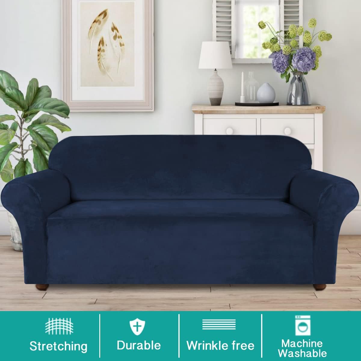 **Luxury Turquoise Velvet Stretch Sofa Cover for 3-Cushion Couches - Oversized Non-Slip Elastic Slipcover, Soft Fabric (XL, Navy Blue) - Perfect for Living Room, Home Decor & Pet-Friendly Furniture Protection**