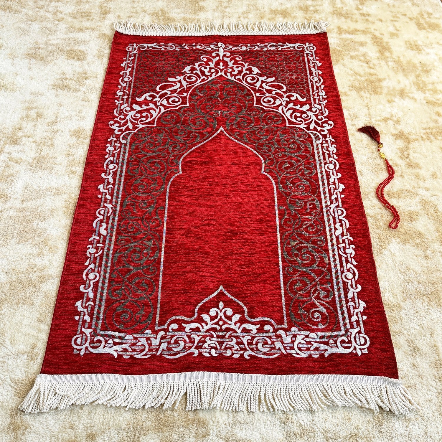 Premium Red Prayer Mat and Tasbih Beads Set - Islamic Prayer Rug with Non-Slip Backing, Perfect for Daily Salah, Eid Gifts & Home Decor