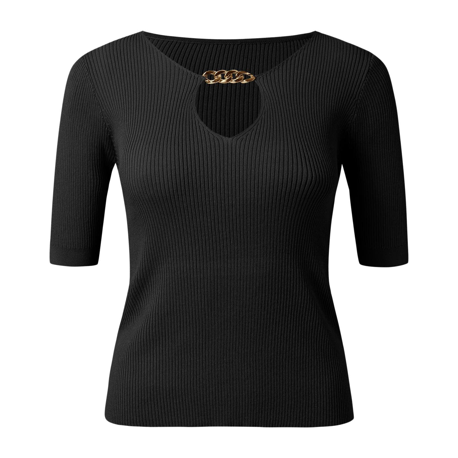Sexy Cut Out Chain Front Slim Fit Women's T-Shirt - Solid Black Short Sleeve Pullover Tee for Casual Wear, Night Out & Street Fashion