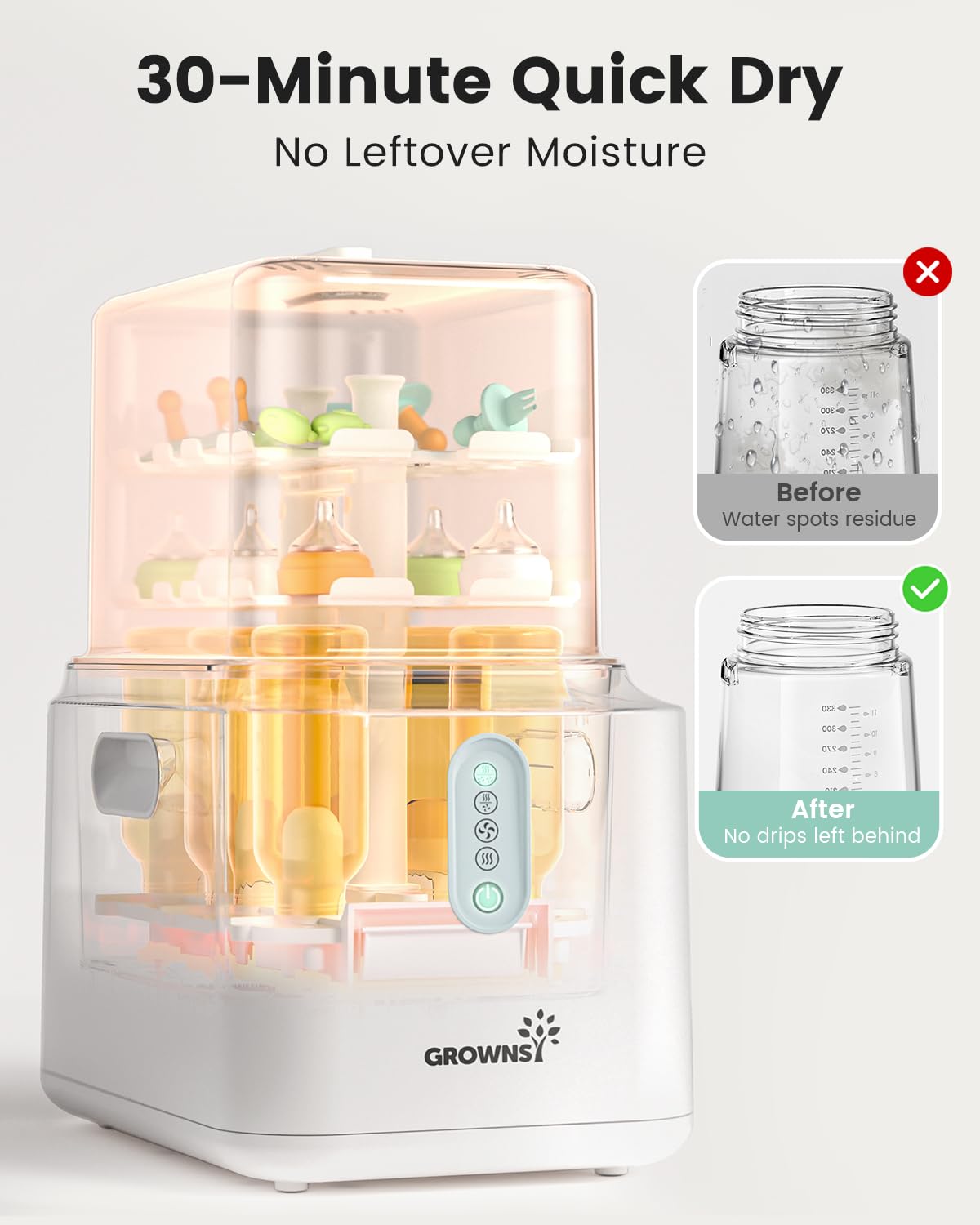 Grownsy 3-Layer Baby Bottle Sterilizer and Dryer - Fast UV Sterilization & Drying for Baby Bottles, Breast Pump Parts, Pacifiers & Toys - Perfect for Nursery, Travel & Daily Baby Care