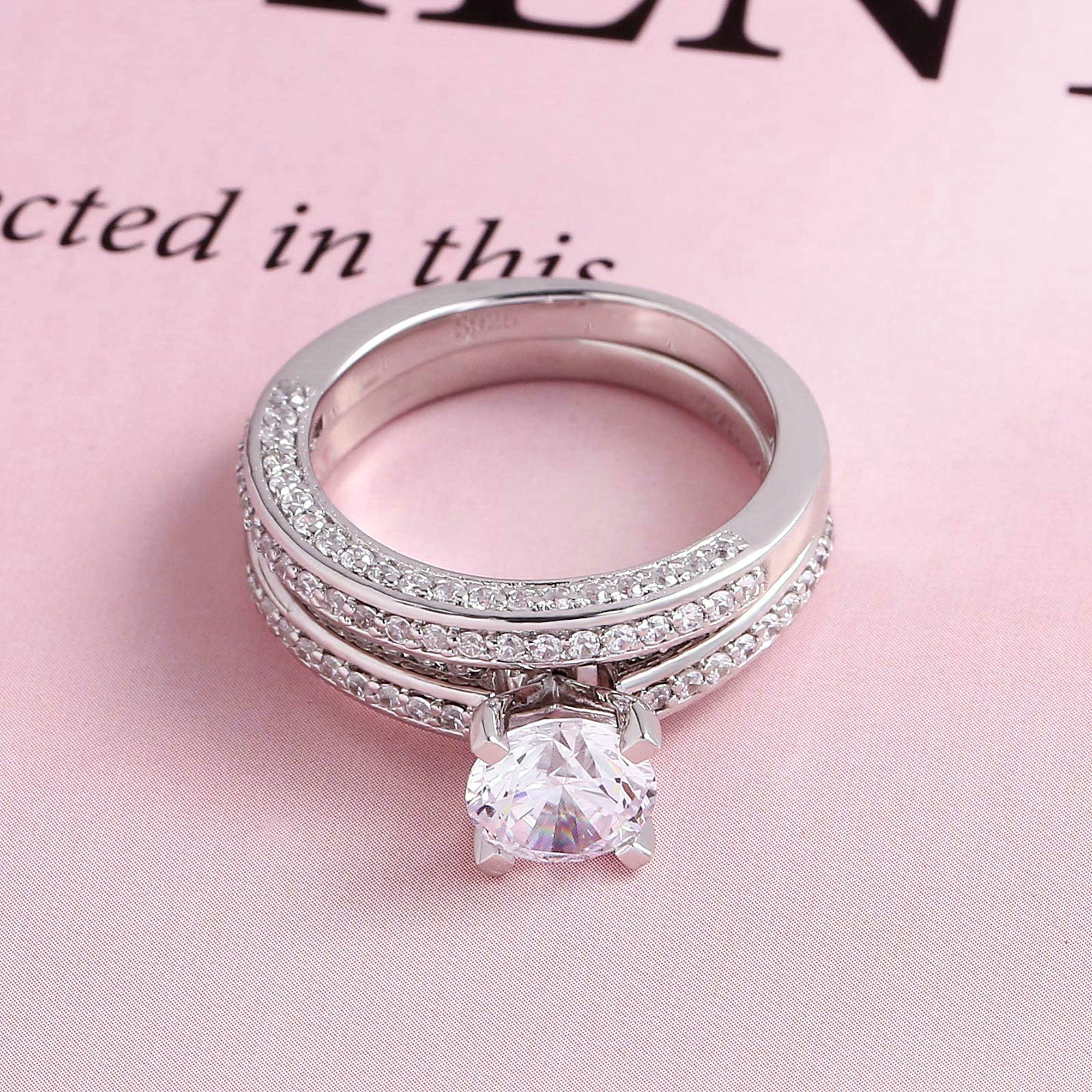 Gualiy Sterling Silver Band Rings for Women - Wedding & Marriage Rings Set with Round Cubic Zirconia (2Pcs, Size 4-11) | Perfect for Engagement, Anniversary & Everyday Wear