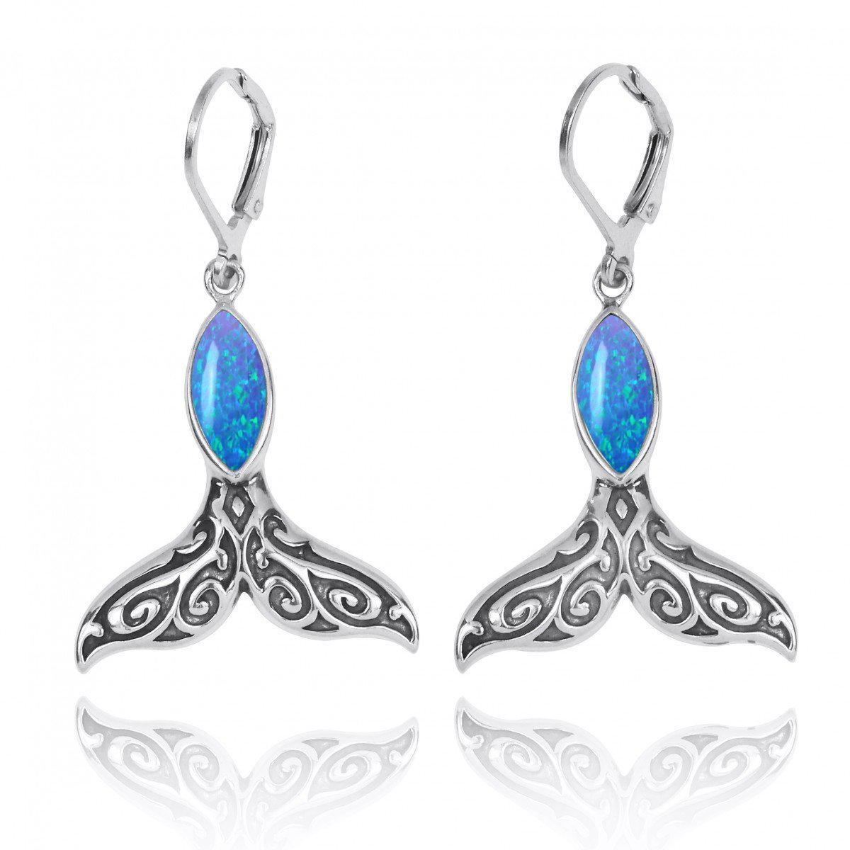 Blue Opal Whale Tail Earrings for Women - Handmade Boho Dangle Jewelry - Perfect for Beach Vacation, Festival & Gift Giving