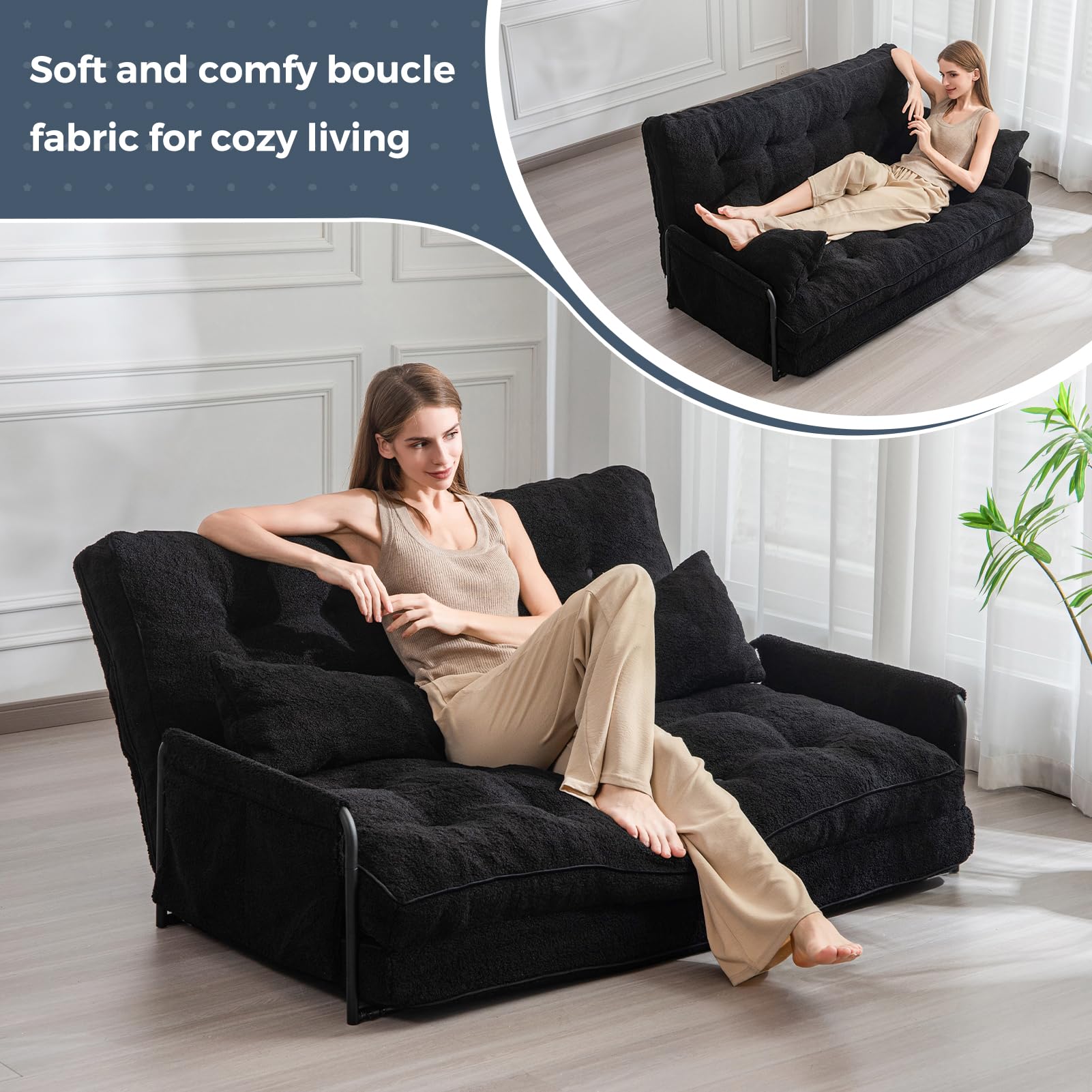 MAXYOYO Adjustable Floor Sofa Couch with 2 Pillows - Boucle Convertible Lazy Sofa Sleeper Bed with Armrest for Living Room, Bedroom & Small Spaces - Double Size in Black - Perfect for Lounging, Napping & Guest Sleeping