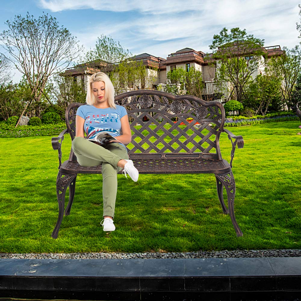 Ochine Patio Garden Bench - Outdoor Metal Loveseat with Rose Carving, Cast Aluminum Antique Bronze Finish - Perfect for Front Porch, Lawn, Deck, Park & Garden Seating (Ship from USA)