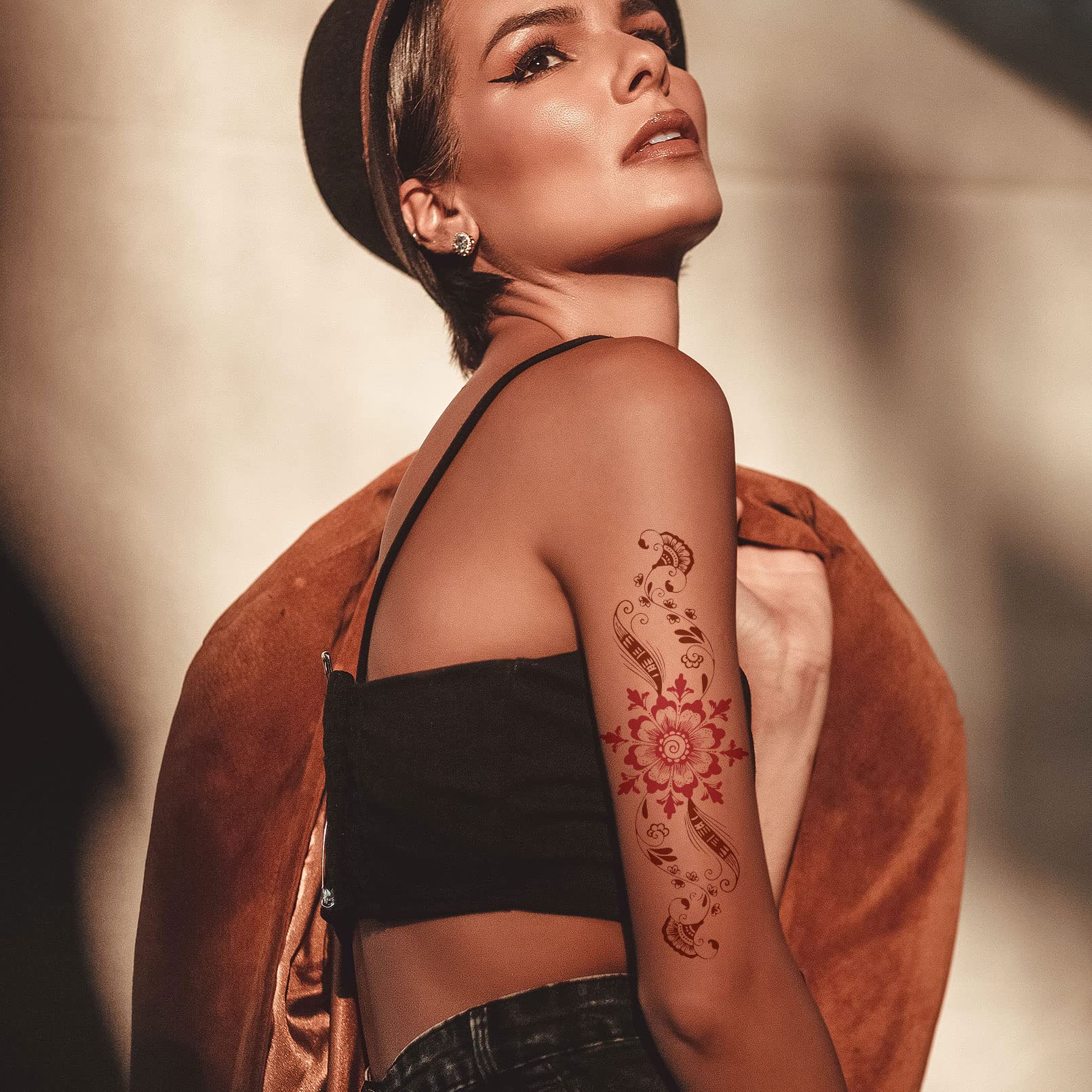 Waterproof Brown Henna Temporary Tattoo Stickers for Women - Long Lasting Fake Body Art - Perfect for Parties, Festivals, and Beach Vacations