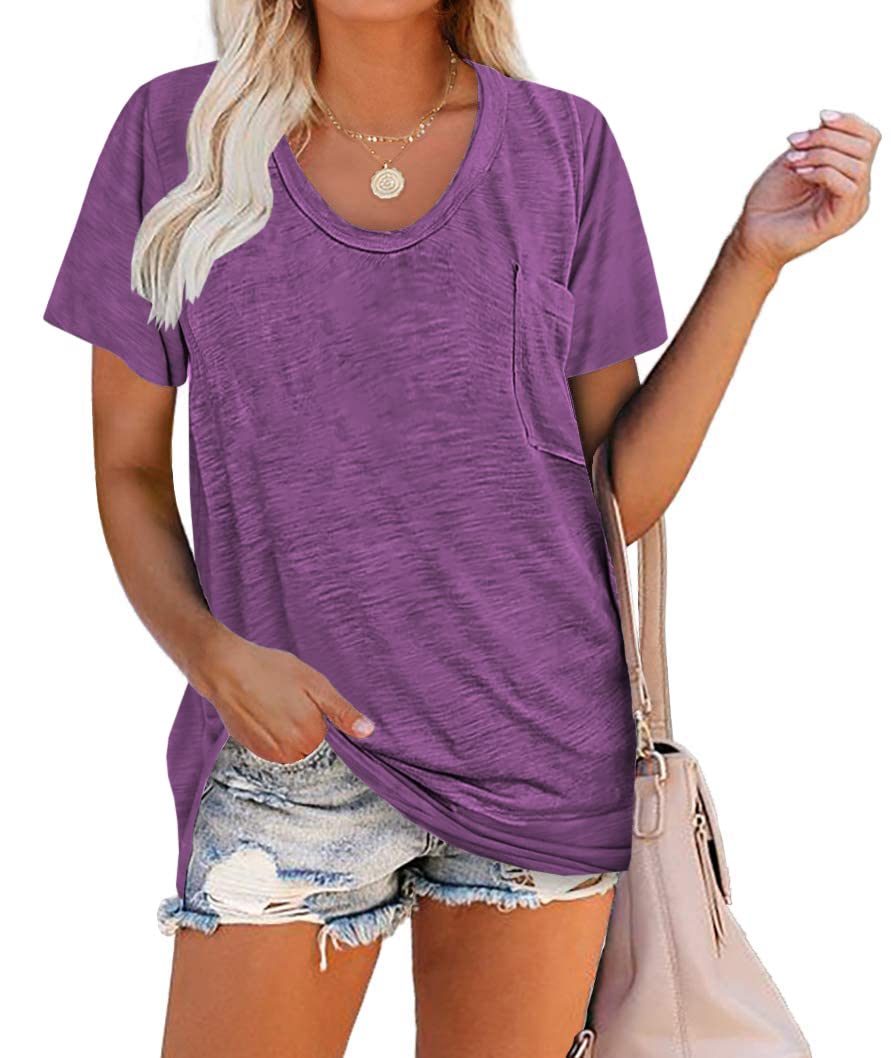 Women's Casual Short Sleeve Tunic T-Shirt - Soft Loose Crew Neck Summer Top with Pocket - Perfect for Daily Wear, Beach Outings & Weekend Relaxation