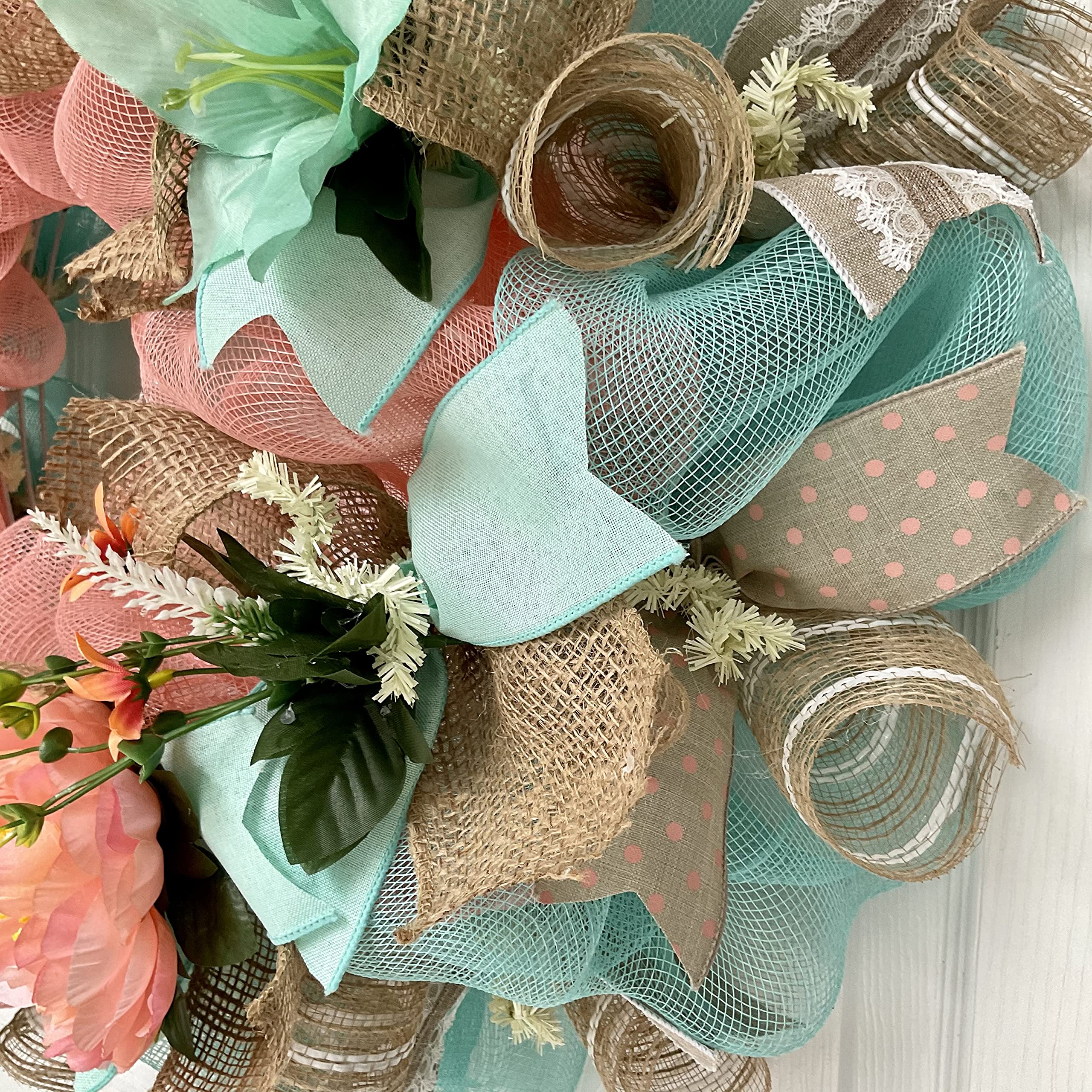 Handmade Melon & Mint Spring Floral Deco Mesh Wreath - Perfect for Front Door Decor, Easter Home Decorations, and Seasonal Wall Hangings